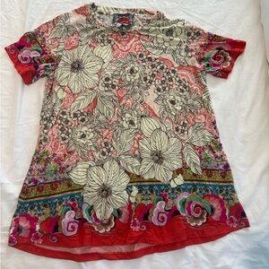 Johnny Was Red and Pink Floral Short Sleeve Top
